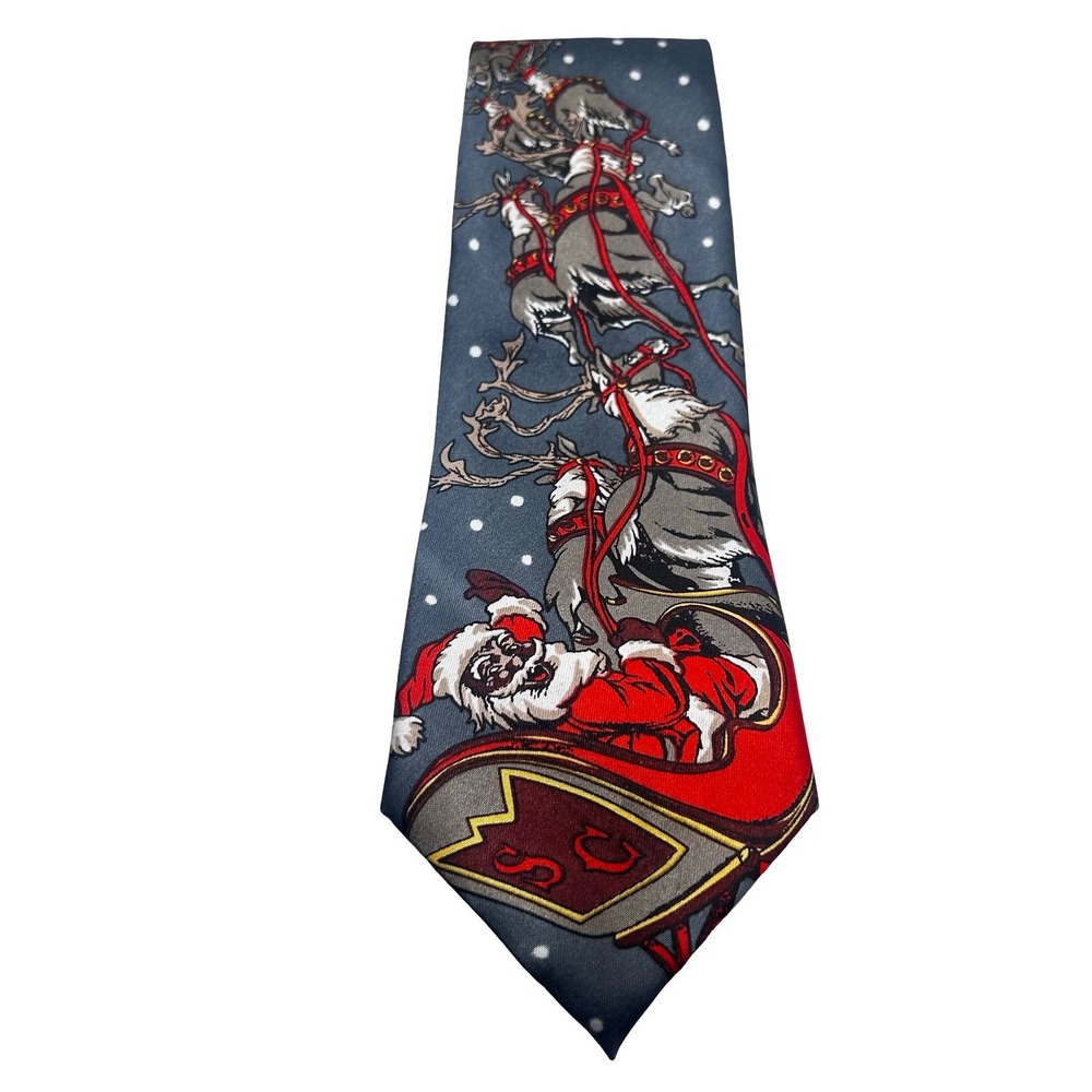 Changill Vintage Myung Ju Silk Christmas Tie 57" x 3.5" Black Santa Reindeer